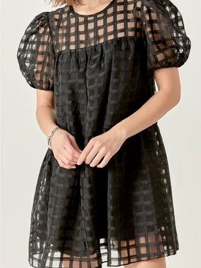 NWT English Factory Sheere Check Puff-Sleeve Mini Dress - Black size s